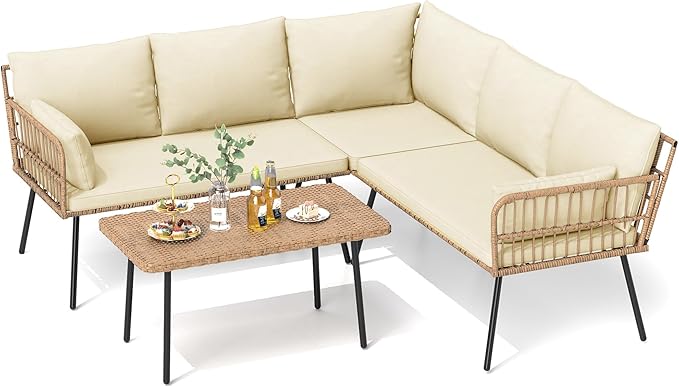 DWVO Patio Furniture Set, 4 Pieces Outdoor Patio Conversation Set, All-Weather PE Rattan Sectional L-Shaped Sofa with Soft Cushion and Side Table for Backyard, Porch, Boho Detachable Lounger (Beige)