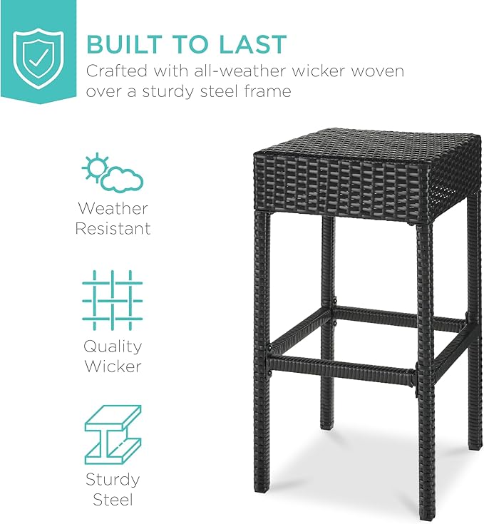 Best Choice Products 5-Piece Outdoor Wicker Bar Table Set for Patio, Poolside, Backyard w/Built-in Bottle Opener, Hidden Storage Shelf, Metal Tabletop, 4 Stools - Black
