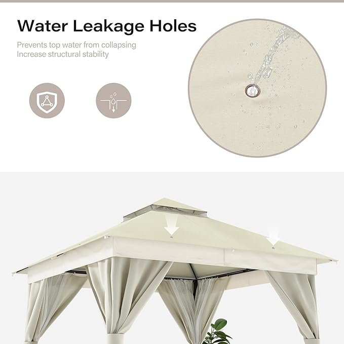 LAUSAINT HOME Semi-Permanent Outdoor Patio Gazebo 10'x10', Heavy Duty Party Tent Shelter with Double Roofs, Mosquito Nettings and Privacy Screens for Backyard, Garden, Lawn, Cream White