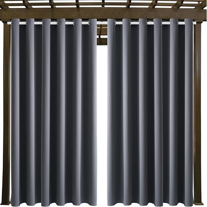 Water Proof Outside Curtains with Grommet Top for Porch, W84 x L95 Thermal Insulated Washable Light Block Outdoor Divider Drapes for Patio Gazebo Deck Pool Area Pergola Cabana (Gray, 2 Panels)