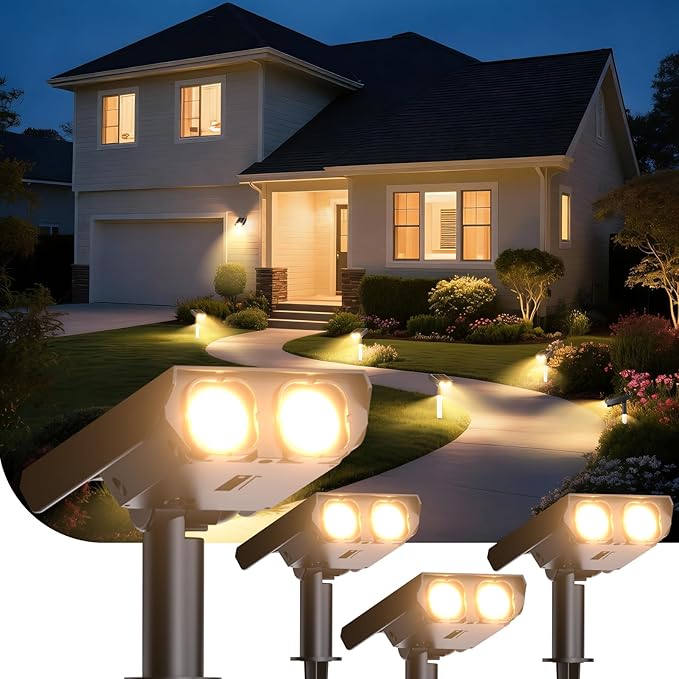 Solar Spot Lights Outdoor Adjustable Beam & PC Light Guide Column, 4 Pack Solar Lights Outdoor Waterproof IP65, 2 Modes & Auto On/Off Landscape Spotlights for Garden, Yard, Pathway, Tree (Warm Yellow)