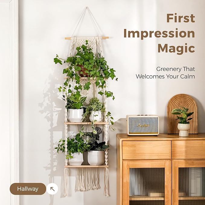 Bamworld Plant Wall Shelf Boho Plant Stand Window Plant Shelf 3 Tier Macrame Plant Hangers Boho Room Decor Hanging Shelf for Bedroom, Living Room, Balcony