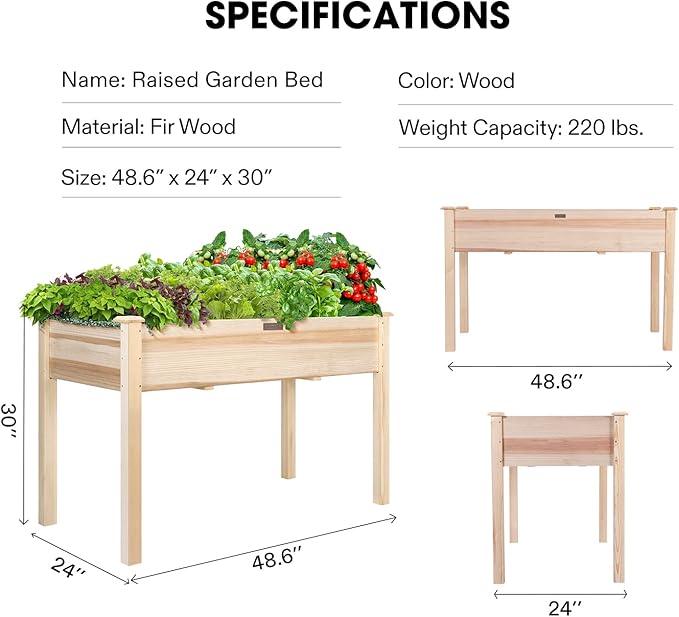 VIVOSUN Elevated Wooden Raised Garden Bed, 48 x 24 x 30 Inches, Outdoor Wood Planter Box w Bed Liner and Gloves for Garden, Patio, Balcony, Backyard and Outdoors, 220-Pound Capacity
