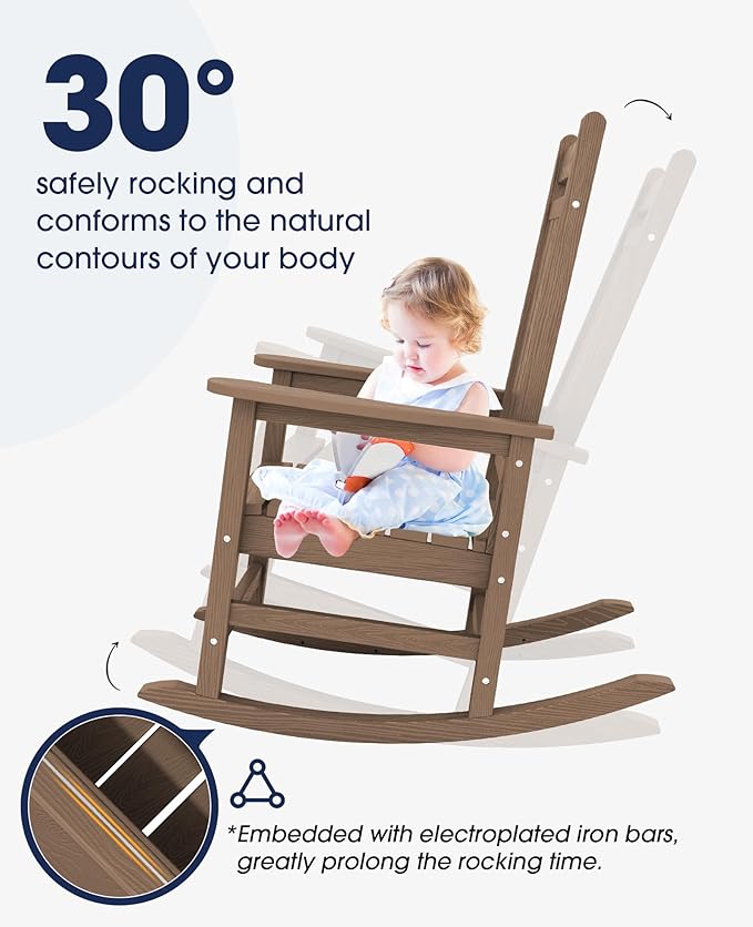 KINGYES Oversized Outdoor Rocking Chair Set of 6, All-Weather Patio Rocking Chairs for Porch, HDPE Outdoor Patio Rockers with High Back & Wide Seat for Garden, Lawn, Brown