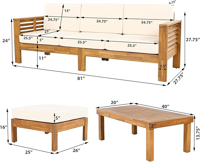 Merax 3 Piece Acacia Wood Patio Furniture Set, Outdoor Sectional Sofa Set with Coffee Table, 4 Seats Sofa Deep Seating with Soft Cushions for Garden, Backyard, Teak & Cream