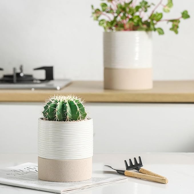 Nihow Self Watering Plant Pot for Indoor Plants: 4.5 Inch Ceramic Planter with Drainage Hole & Water Storage Plus - Cylinder Flower Pot with Wick for Herbs -White & Brown (Set of 2)