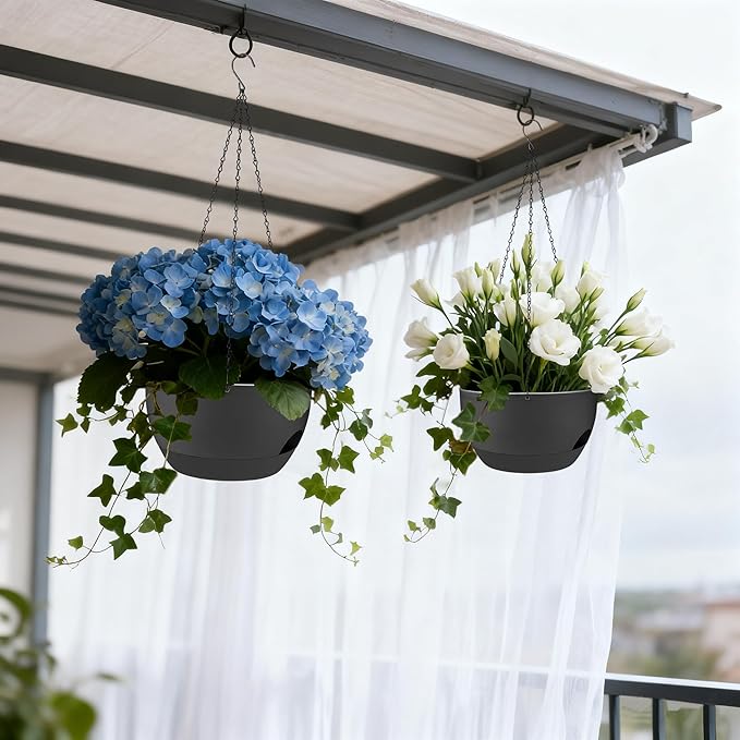 Set of 2-8 Inch Self Watering Hanging Planters for Indoor Outdoor，Hanging Plant Pots with Drainage & Removable Tray, Hanging Pots Holder for Ivy, Pothos, Ferns, Balcony & Patio, Black