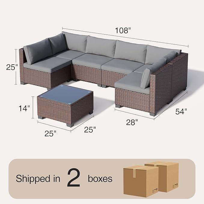7 Pieces Outdoor Patio Furniture Set, PE Rattan Outdoor Wicker Sectional Furniture Sofa Set, with Cushions and Glass Coffee Table, for Balcony, Porch, Garden, Grey
