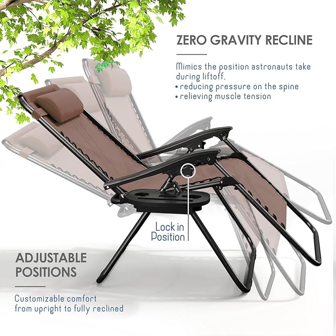 Nestl Zero Gravity Chairs Set of 4, Patio Lounge Chair Outdoor with Pillows & Cup Holder Trays, Adjustable Steel Mesh Reclining Camping Chair, Folding Patio Lawn Chair for Deck, Beach, Yard - Brown