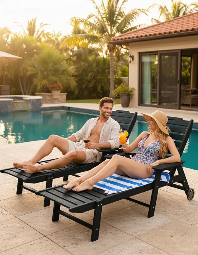 Carauci Lounge Chair Outdoor Set of 2, HDPE Chaise Lounge with Wheels, 5-Position Adjustable Backrest & 2 Cup Holders Patio Lounge Chair, All-Weather Pool Sun Lounger for Poolside, Backyard, Black