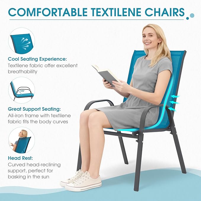 Outdoor Stackable Chairs Set of 6, Stacking Patio Chairs with Textilene Fabric, Outside Furniture for Garden Backyard Balconie Poolside Deck, Blue