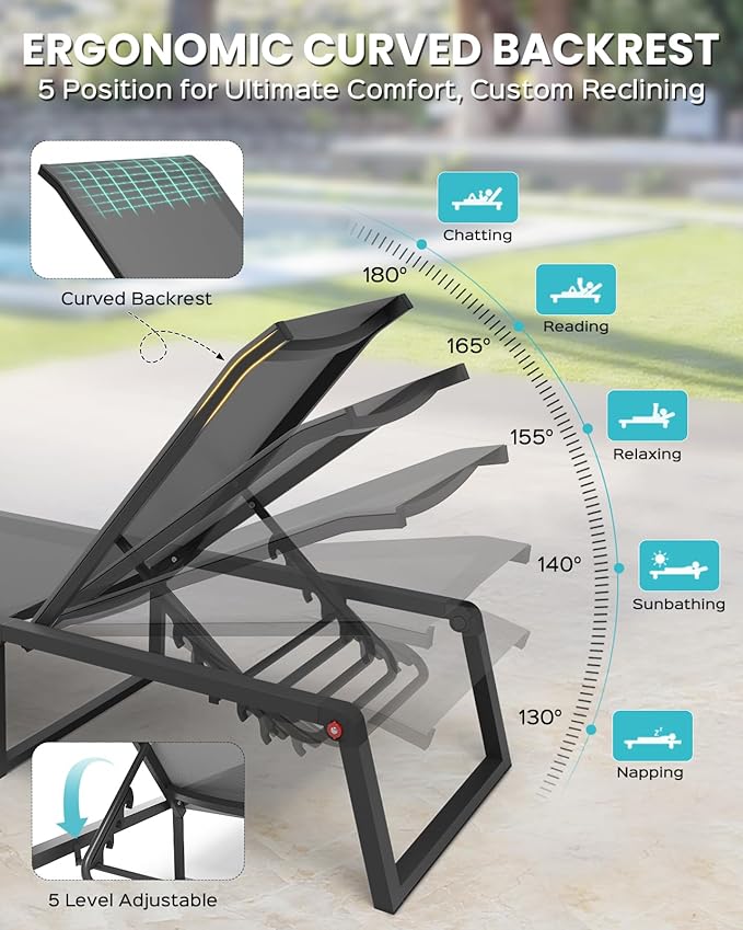 Aluminum Pool Lounge Chairs Set of 2 with 1 Side Table, Foldable Outdoor Chaise Lounge 5-Position Lounge Chirs for Outside Poolside, Fully Grounded Legs Sun Lounger for Beach, Yard, Dark Grey