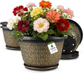 10 Inch Plant Pots, 4 Pack Flower Pots Outdoor with Drainage Holes & Trays, Retro Antique Imitation Decorative Garden Plastic Pots for Plants Indoor Sets for Houseplants