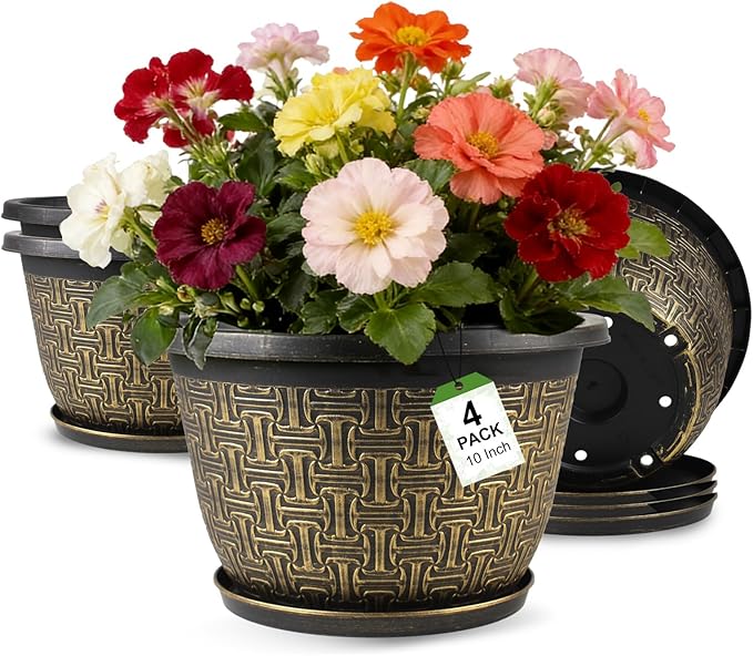 10 Inch Plant Pots, 4 Pack Flower Pots Outdoor with Drainage Holes & Trays, Retro Antique Imitation Decorative Garden Plastic Pots for Plants Indoor Sets for Houseplants