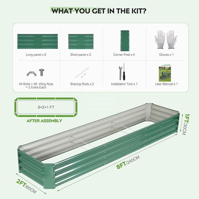 ZORMY 2 Pcs 8x2x1ft Galvanized Raised Garden Bed Outdoor, Metal Planter Boxes with Easy Assembly, Planter Raised Beds for Gardening, Flower, Plants, Vegetable, Herb - LotusGreen