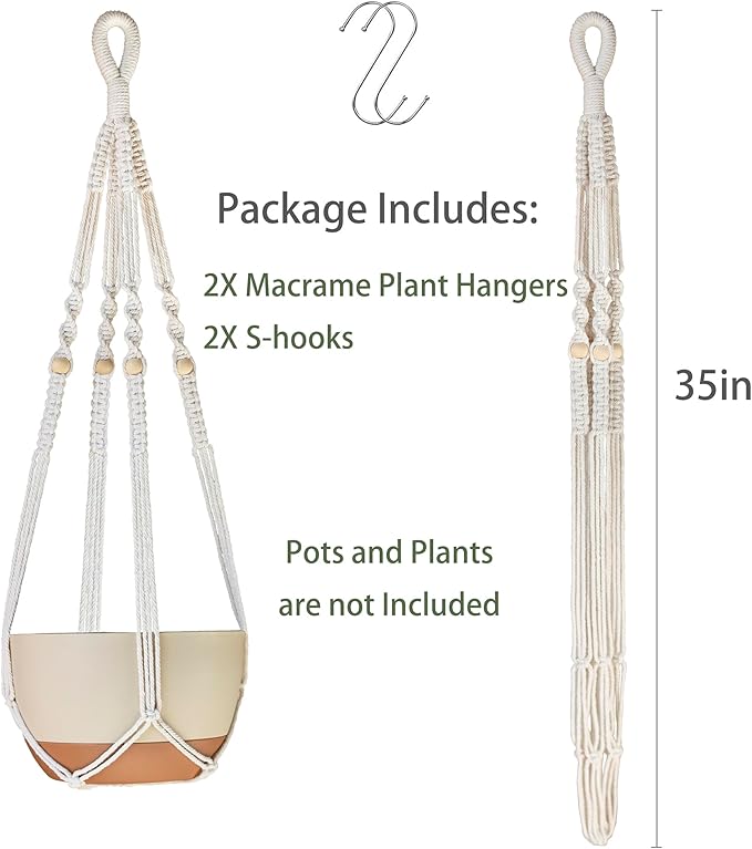 35 Inch Macrame Plant Hanger Indoor with Wood Beads and No Tassels,Strong Hanging Planter Flower Pot Holder for Indoor Outdoor Boho Home Decor,Set of 2,Ivory(Pots Not Included)