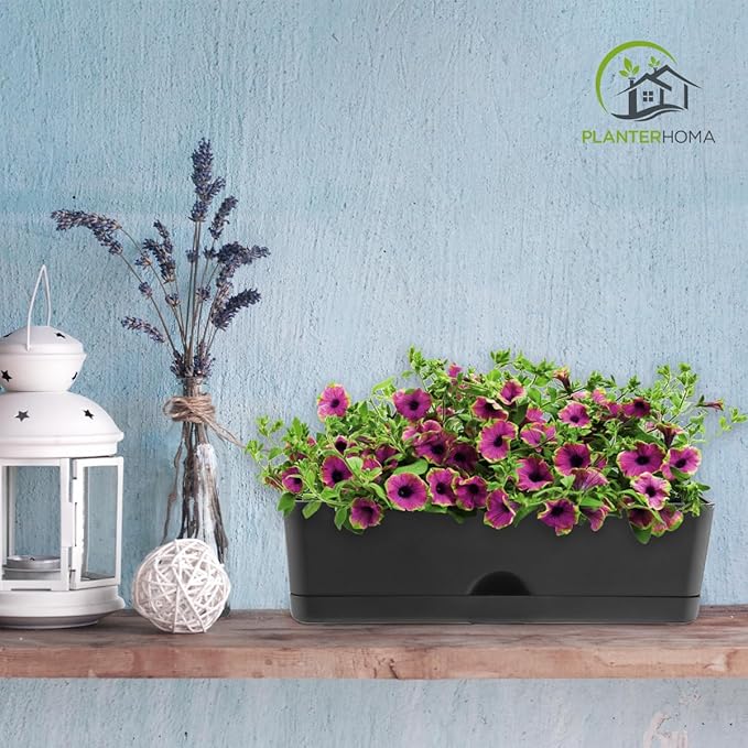 5 Pack Window Boxes Planters 16 Inches Rectangular Planter Herb Planter Boxes Large Plastic Flower Pots Rectangle Black Planter Outdoor and Indoor Succulent Window Sill Planter Self Watering Pots