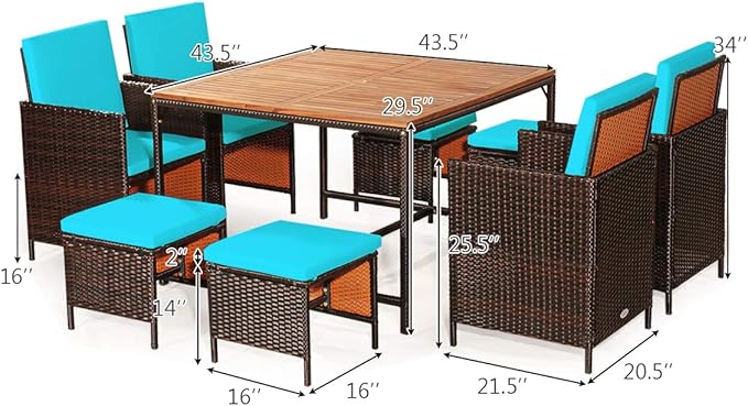 Tangkula 9 Pieces Acacia Wood Patio Dining Set, Space Saving Wicker Chairs and Wood Table with Umbrella Hole Outdoor Furniture Set, Suitable for Garden, Yard, Poolside, Outdoor Seating Set