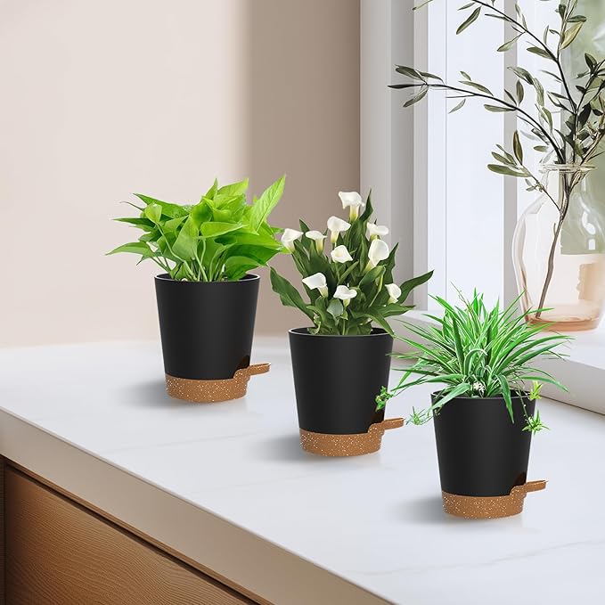 Self Watering Pots, 4 inch Flower Pots with Multi Mesh Drainage Holes, Small Platic Planters for Indoor Outdoor Garden Plants and Flowers (Black with Brown Tray, 4")