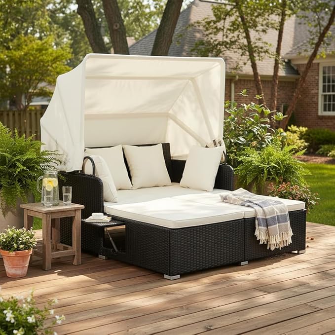Tangkula Patio Rattan Daybed with Retractable Canopy, Outdoor Wicker Sunbed Lounger with 2 Foldable Side Tables, Thick Seat & Back Cushions, Double Daybed for Garden, Backyard, Porch (Off White)