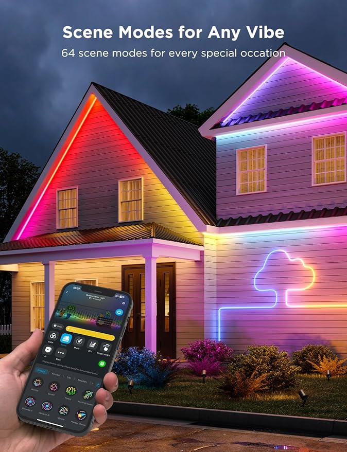 Govee Outdoor Neon Rope Lights, 65.6ft RGBIC IP67 Waterproof Outdoor Decorations with 64 Scene Modes, Music Sync, Flexible LED Lights, Neon Lights Work with Alexa, Google Assistant