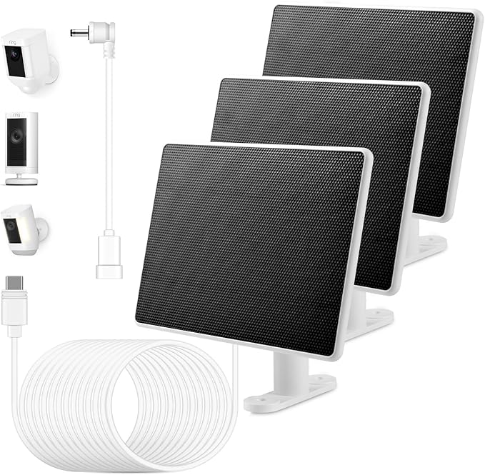 Solar Panel for Ring Camera, 3 Pack 6W Solar Charger Compatible with Rings Spotlight Cam/Plus/Pro/Rings Stick Up Cam Batterys, 10ft Long Cable with USB-C to Ring Barrel Plug Adapter