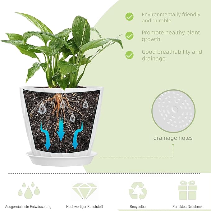7 Inch Plant Pots 5 Pack, Flower Planters with Drainage Holes and Trays,Plastic Pots for Indoor Outdoor Plants,White