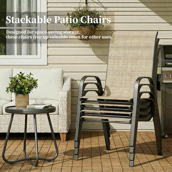 MAMIZO Patio Dining Chairs, Stackable All Weather Teslin Chair, Heavy Duty Outdoor Breathable Chairs Set, w/Armrests, Upgraded Chair FeetW/Strenthened Iron Spacers, 330 LBS (4, Brown)
