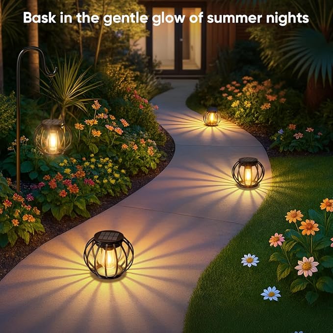 Solar Lanterns Outdoor Waterproof: 2 Pack Metal Hanging Decorative Solar Lights for Pathway Patio Garden Yard - 800mAh Lighting Auto On/Off - IP65 Rustproof Outdoor Lights - Gifts for Mom Women
