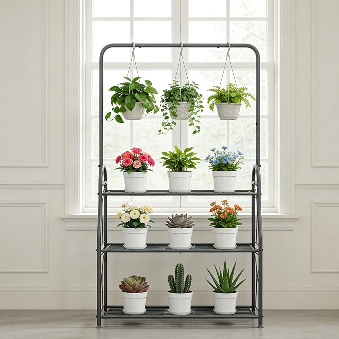 SORCEDAS Plant Stand Indoor Outdoor 3 Tier Tall Corner Hanging Plant Shelf Metal Flower Stands Ladder Plant Holder for Living Room Balcony Garden Patio Multiple Plants, Dark Grey