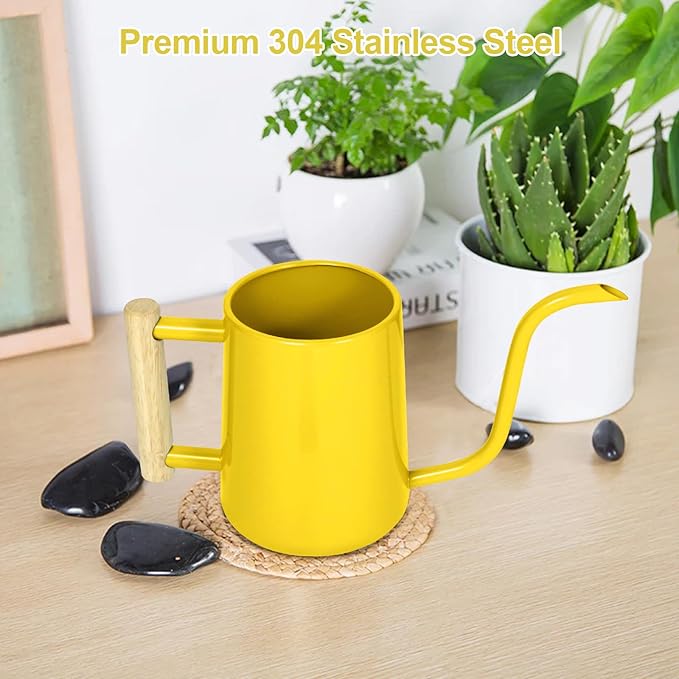Watering Can Indoor Plants, 35 oz/1000 ml Metal Stainless Steel Watering Can Pot with Long Spout for Indoor House Plants Bonsai Outdoor Garden Flower Decorative (Yellow)