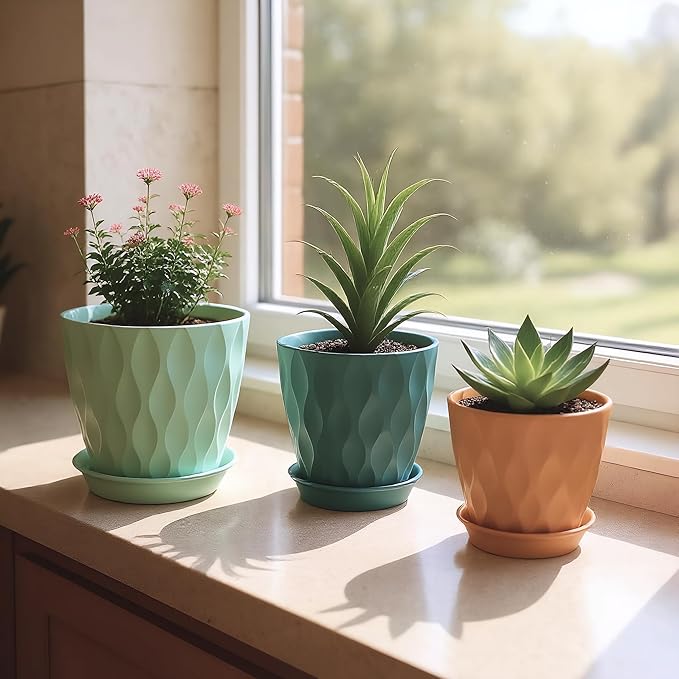 7/6.5/6/5.5/5/4.5/4 inch Plastic Plant Pots, 7 Pack Flower Planter for Indoor Outdoor Plant, Planters with Drainage Holes and Trays (Colorful)