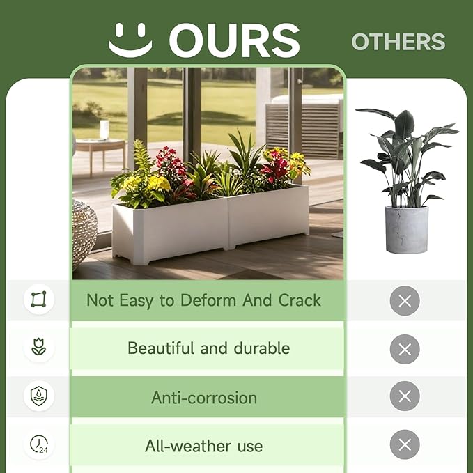 Steel Planter Box-32"x15"x15"-Rectangular Planters for Outdoor Plants, White Matel Planter Box Raised Support Feet for Patio, Deck, Garden, Yard, Drain Holes, Easy Assembly