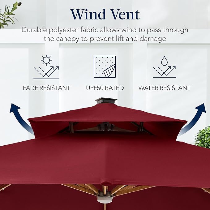 Best Choice Products 10ft Square Cantilever Patio Umbrella w/Base Included, Woodgrain Pattern Pole & Solar LED Lights, 360-Rotation, Offset Hanging Outdoor Shade - Burgundy