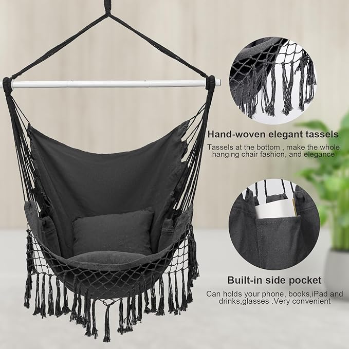 Hammock Chair, Hanging Rope Swing Seat with 2 Cushions,Macrame Hanging Chair Side Pocket with High Load-Bearing Metal Rod,for Indoor, Outdoor, Extra Comfortable (Dark Grey)