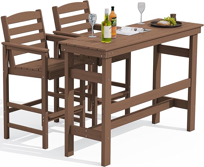 SERWALL Outdoor Bar Table and Chairs Set, Adirondack Bar Chairs Set of 2 and Bar Height Table, All Weather HDPE Patio Bar Set, Outdoor Furniture for Outside, Brown