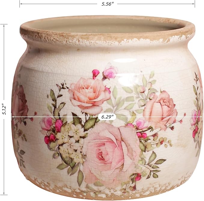 Ceramic Planter for Indoor Plants, 6.29 Inch Rose Pattern Crackle Glaze Flower Pot with Drainage Hole, Orchid Succulent Pots, European Farmhouse Bedroom Balcony Decor Gift, Pink