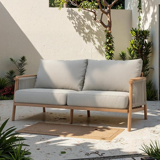 Acanva Modern All-Weather Aluminum Outdoor Patio Sofa with Thick Cushions, Olefin Fabric Sunroom Backyard Furniture, Loveseat Light Khaki