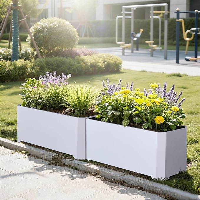 Steel Planter Box-32"x15"x15"-Rectangular Planters for Outdoor Plants, White Matel Planter Box Raised Support Feet for Patio, Deck, Garden, Yard, Drain Holes, Easy Assembly