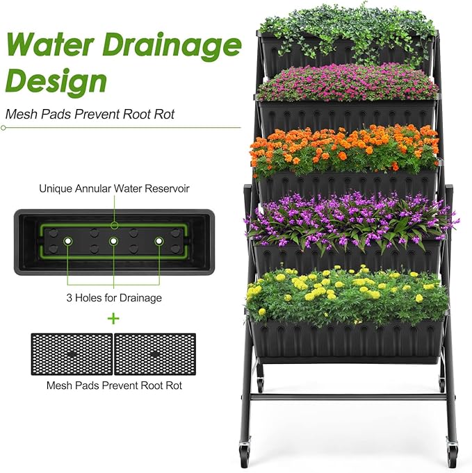 SEJOV 4FT Vertical Raised Garden Bed, 5-Tier Vertical Garden Planter with Drainage System, Larger Elevated Planter Box for Herb Vegetables Flowers Indoor Outdoor Planters (Black with Lockable Wheels)