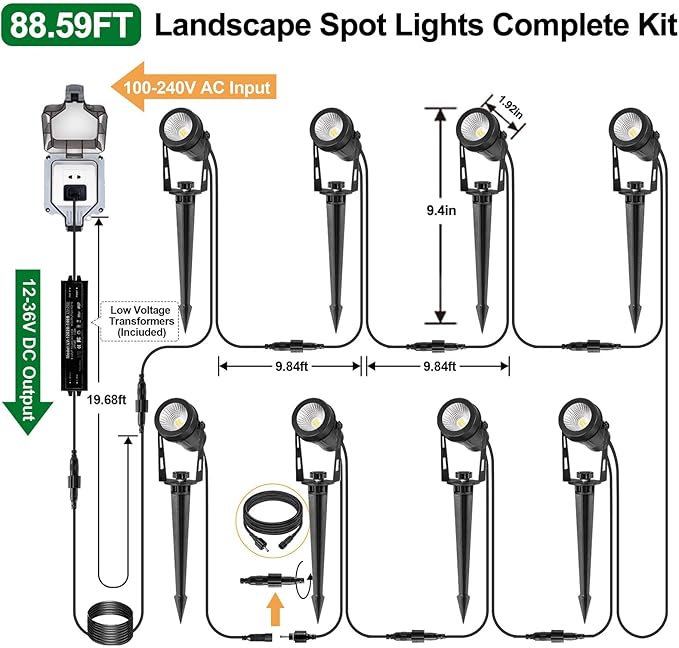 Low Voltage Landscape Lighting, 8 Pack Outdoor Spot Lights with Transformers, 12V Warm White Landscape Spotlights IP65 Waterproof Plug in Outdoor Uplights for Yard House Pathway Tree Pools