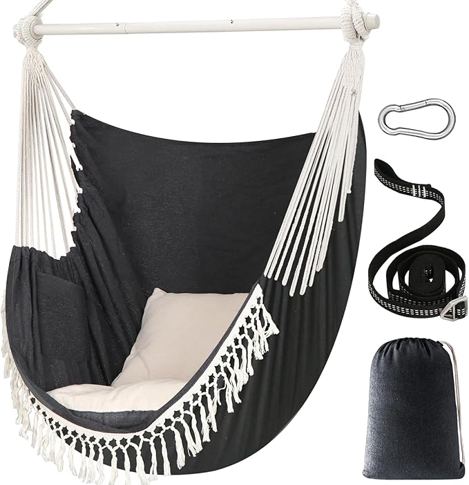 Chihee Hammock Chair 4.9ft x 3.9ft Max 500 Lbs Widen Hanging Swing 2 Cushions Included Metal Spreader Bar with Anti-Slip Grooves Portable Comfy Hanging Chair Side Pocket Bohemian Chair Indoor Outdoor