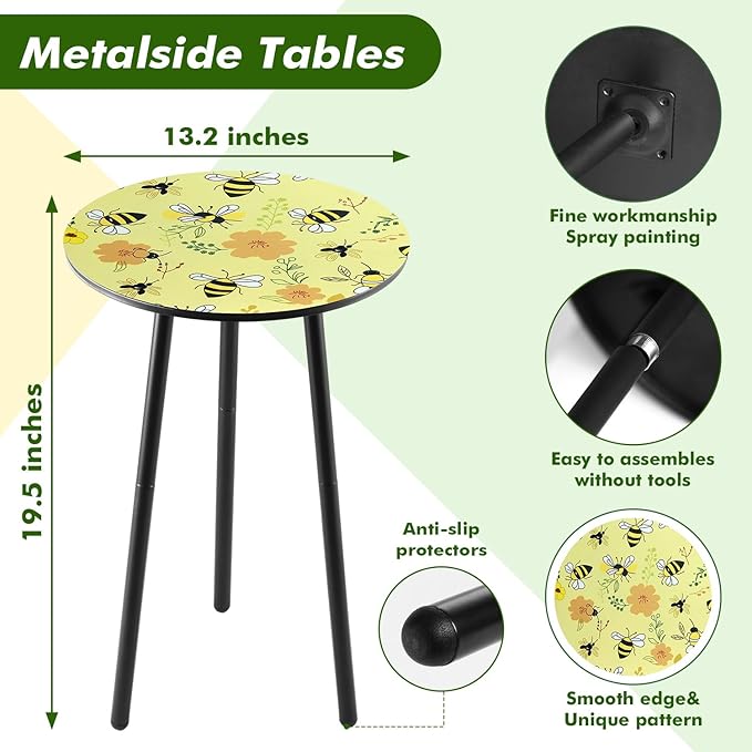 Metal Outdoor Side Tables Set of Two Small Outside Round End Table for Patio Modern Accent Garden Corner Table for Small Spaces, Balcony, Porch, Weather-Resistant Plant Stand Indoor, Yellow