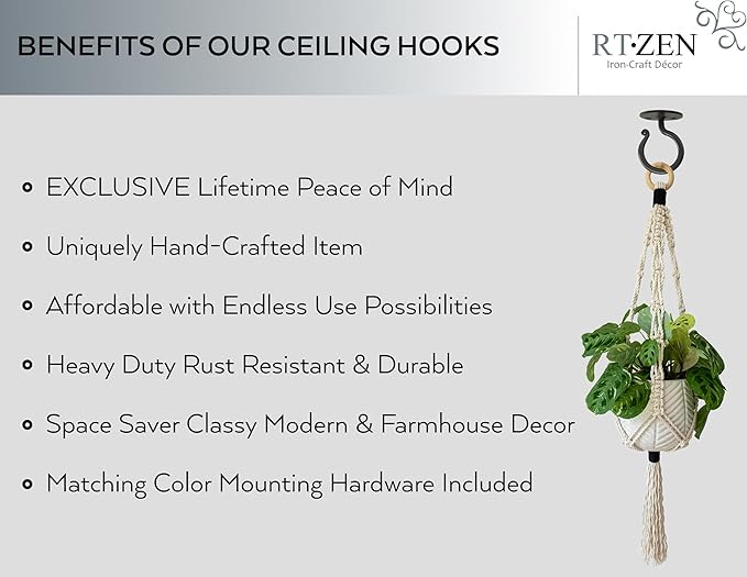 RTZEN Plant Hangers Indoor or Outdoor - Wrought Iron Metal Hanger Indoor Hook - Heavy Duty Wall Bracket Hooks for Hanging Plants Baskets Lanterns Wind Chimes - 2 Pack (Large Black Ceiling Hooks)