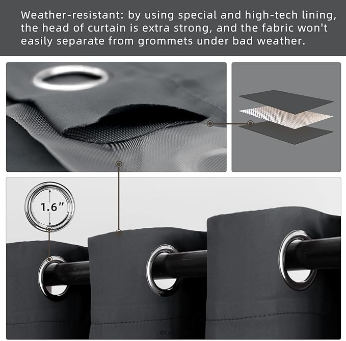 DIVA EN CAMINO DEC Outdoor Patio Curtain Waterproof Darkening Thermal Insulated Indoor Curtains for Bedroom, Porch, Living Room, Pergola, Cabana, W52 x L132, Dark Gray, Set of 2 Panels