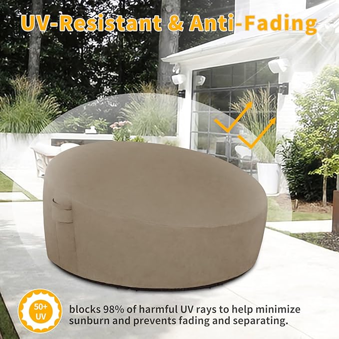Easy-Going Heavy Duty 600D Outdoor Daybed Cover 75 Inch UV Resistant Patio Round Sofa Cover Waterproof Outdoor Canopy Daybed Sofa Cover with Air Vent 75" Dia x 35"/18" H, Camel