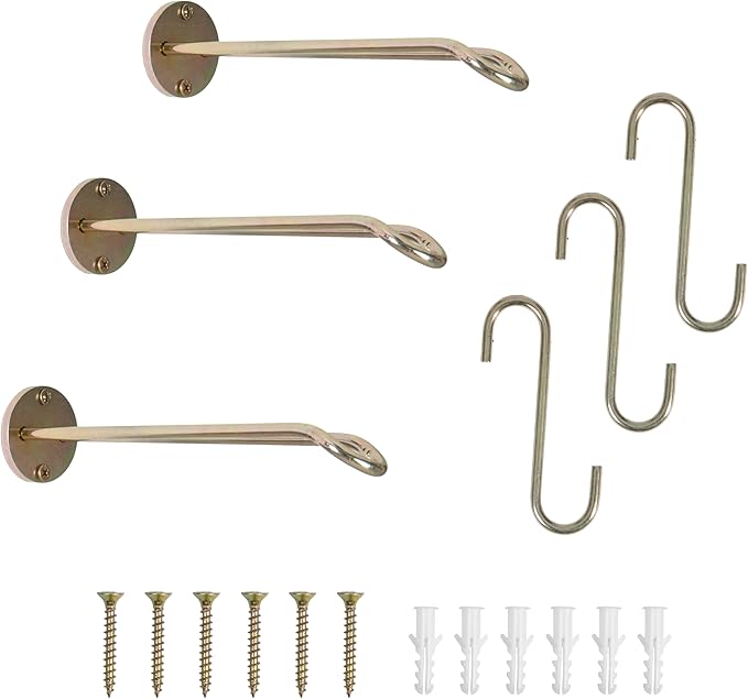Ilyapa 3 Pack Metal Wall Plant Hangers - 7.5 Inch Plant Hanger for Indoor - Rustic Brass Finish Hooks for Hanging Plants, Baskets, and Macrame - Indoor Hangers for Plants, Lanterns or Wind Chimes