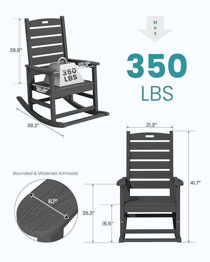 SERWALL Outdoor Rocking Chair Set of 2, Oversized Rocking Chair with Footboard for Adults, HDPE All Weather Resistant Rocking Chairs for Patio, 350lbs Weight Capacity, Gray