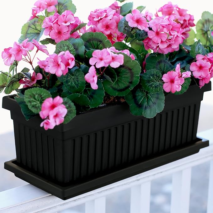 The HC Companies Venetian Window Planter Box w/Drain Plug - Long Planter Box for Windowsills, Balconies & More - Plastic Large Rectangular Outdoor Planters for Herbs & Flowers (24" Black, Pack of 1)