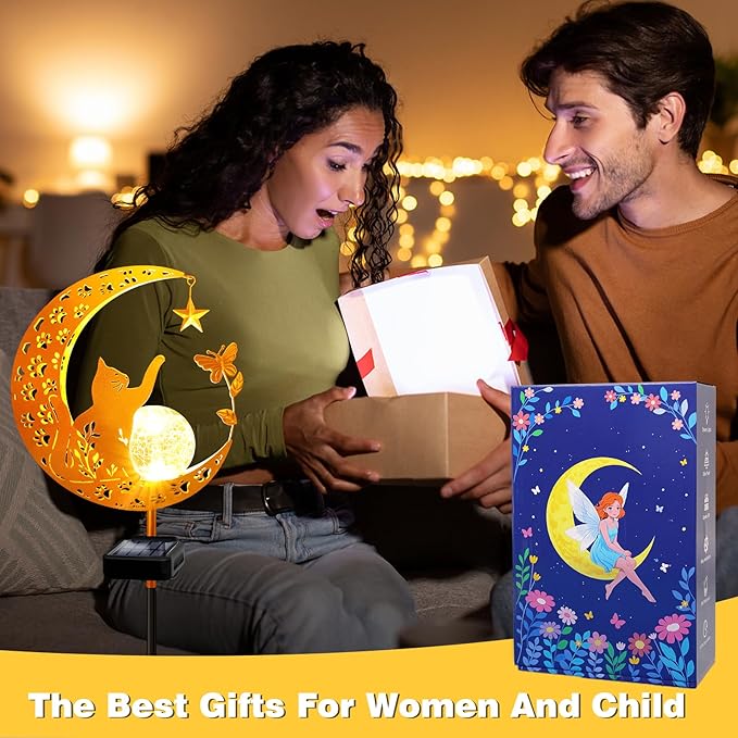 YJFWAL Garden Solar Cat Lights Pathway Stake Lights Glass Globe with Moon Cat Decor, Christmas Gift for Mom Grandma Friends, Outdoor Decor Light Waterproof for Walkway, Patio or Garden (Warm White)